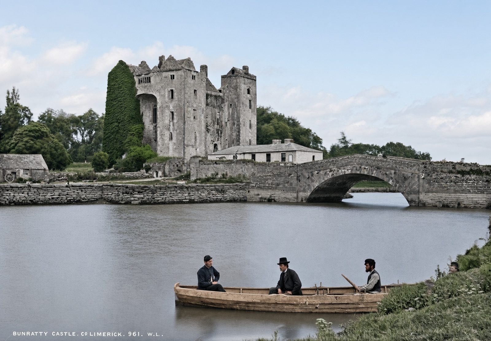 Bunratty Castle, a tall square tower house beside a stone bridge, with two men in a rowing boat on the river below.